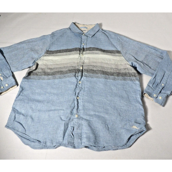Tommy Bahama XXL Mens Shirt Linen Blue Striped Button Up Casual Vacay Long Sleev - Picture 5 of 13